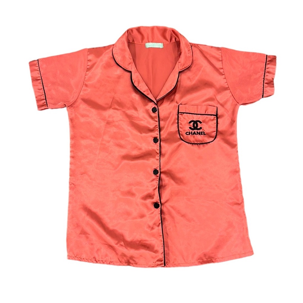 Chanel Style Pink Satin Short Sleeve PJ Top